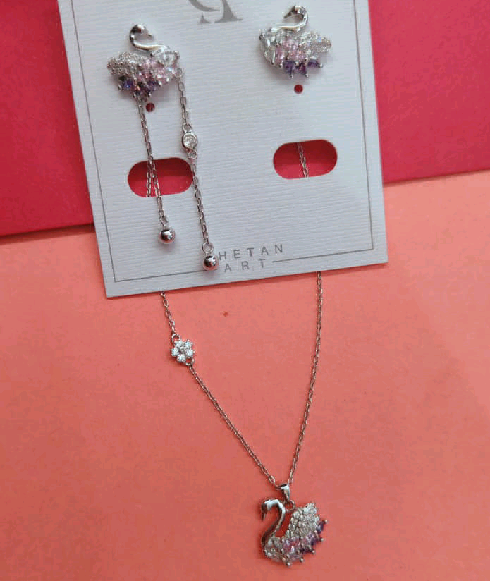 Silver CZ Swan Pendant Set